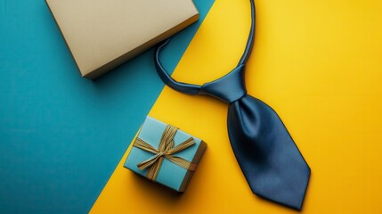 Father's Day gift blue tie, small gift box, and larger gift box on yellow and blue background.