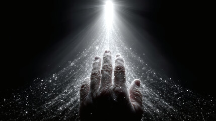 Obraz premium Hand Reaching Toward Bright Light in Dark Space with Sparkles