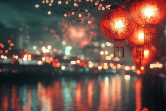 A red lantern is lit up in the night sky - Powered by Adobe