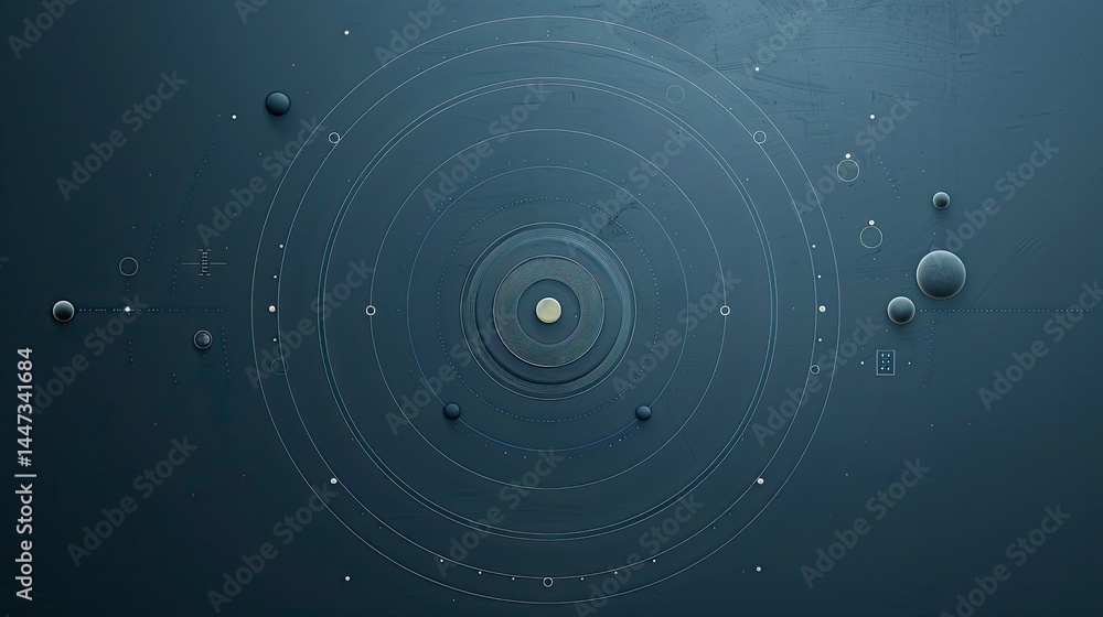 Poster abstract, concentric circles, and organic elements arranged in a structured pattern