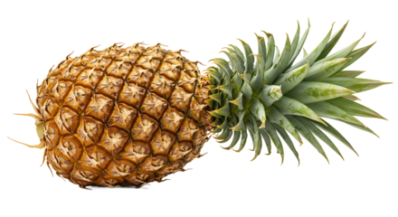 A whole pineapple with a spiky exterior and leaves