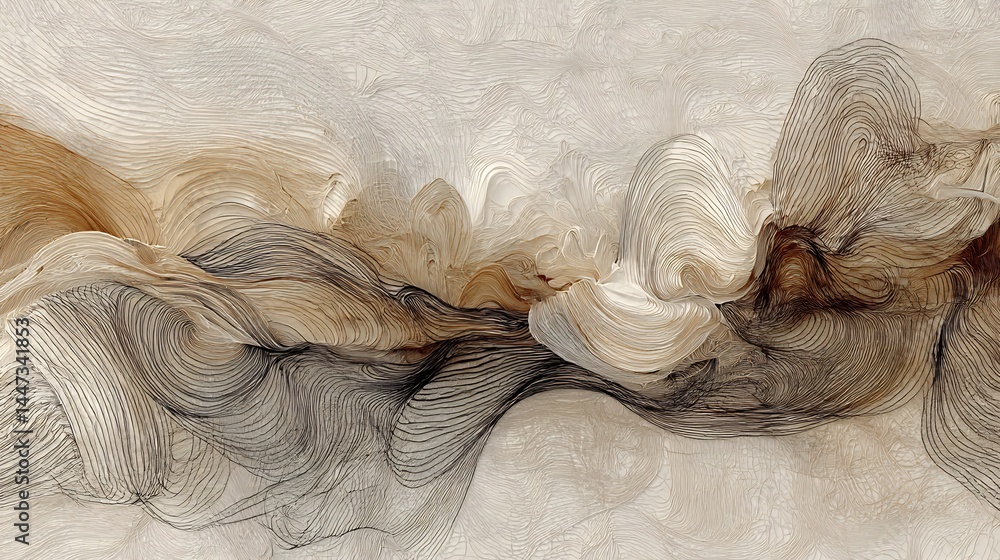 Poster ethereal line art composition with flowing strokes in neutral tones and depth