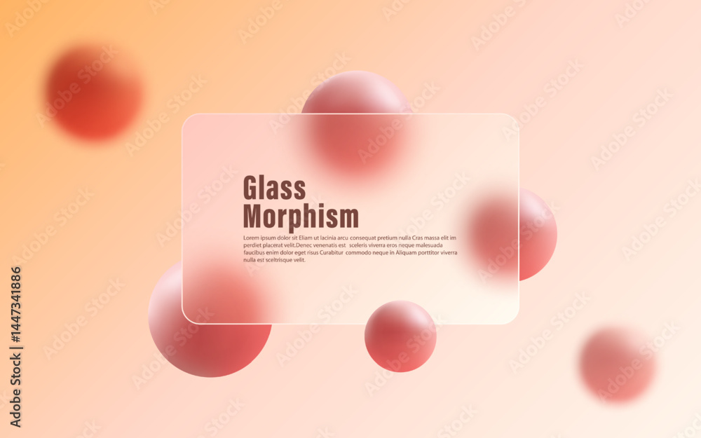 Poster minimalistic vector illustration with soft gradient background, 3d spheres and translucent matte pan