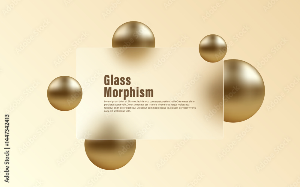 Poster minimalistic vector illustration with soft gradient background, 3d spheres and translucent matte pan
