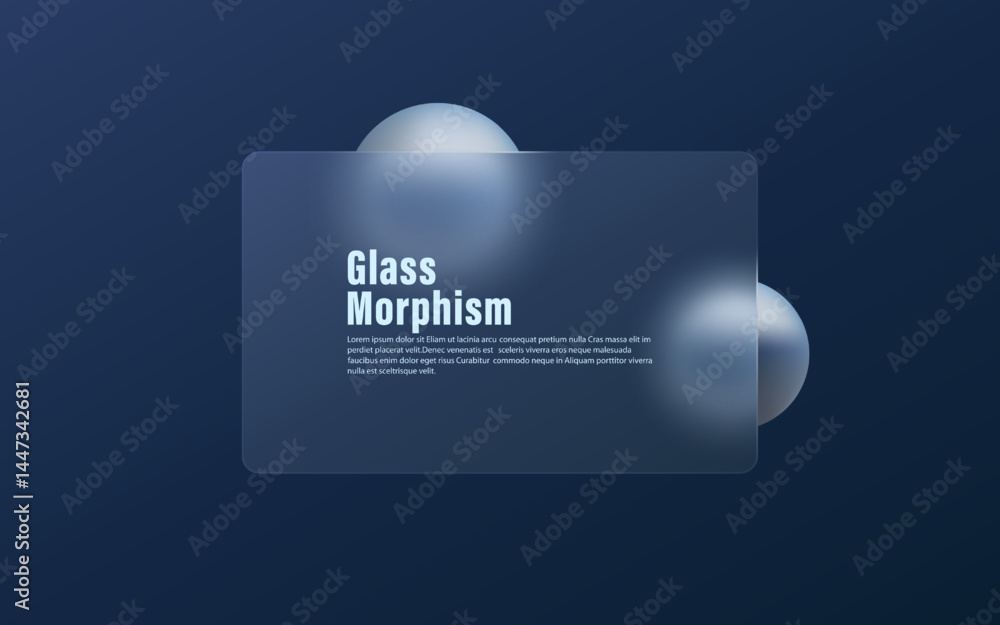 Poster minimalistic vector illustration with dark gradient background, 3d spheres and translucent matte pan