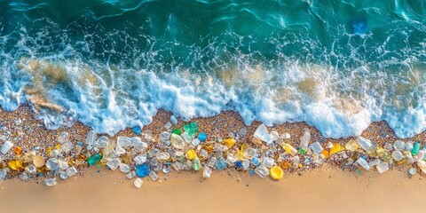 Obraz premium A beach with a lot of plastic bottles and other trash