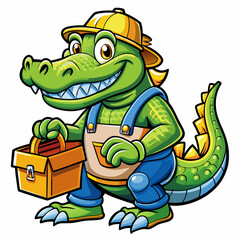 Obraz premium Cartoon Alligator Construction Worker Holding Toolbox – Cute Crocodile Builder Character Wearing Hard Hat and Overalls, Funny Reptile Repair Mascot Illustration
