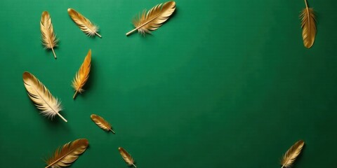 Elegant Golden Feathers Scattered on a Rich Green Background A Luxurious Design Element for Festive Occasions