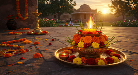 Colorful Floral Offering at Sunset in an Indian Setting