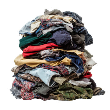 Colorful stack of used clothes piled high in various textures and patterns showcasing an array of fabric styles
