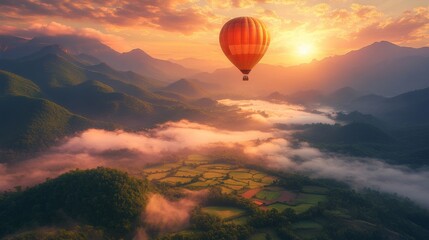 Obraz premium Breathtaking sunrise hot air balloon ride over a valley.