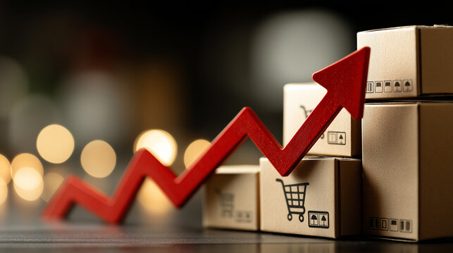 Growth in the e-commerce and business:  An eye-level shot illustrates the upswing of sales growth in e-commerce, with boxes arranged to signify a positive trajectory.