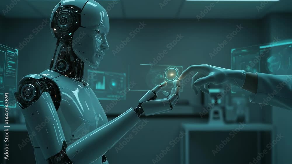 Aufkleber humanoid robot interacting with a human hand advanced ai and robotics technology