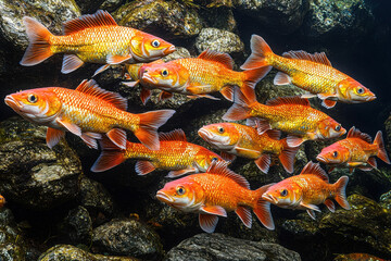 A school of vibrant orange fish swimming together over rocky riverbed underwater.