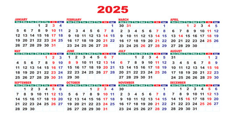 Calendar, 2025 vector calendar layout, minimalist yearly calendar design template for print and digital use