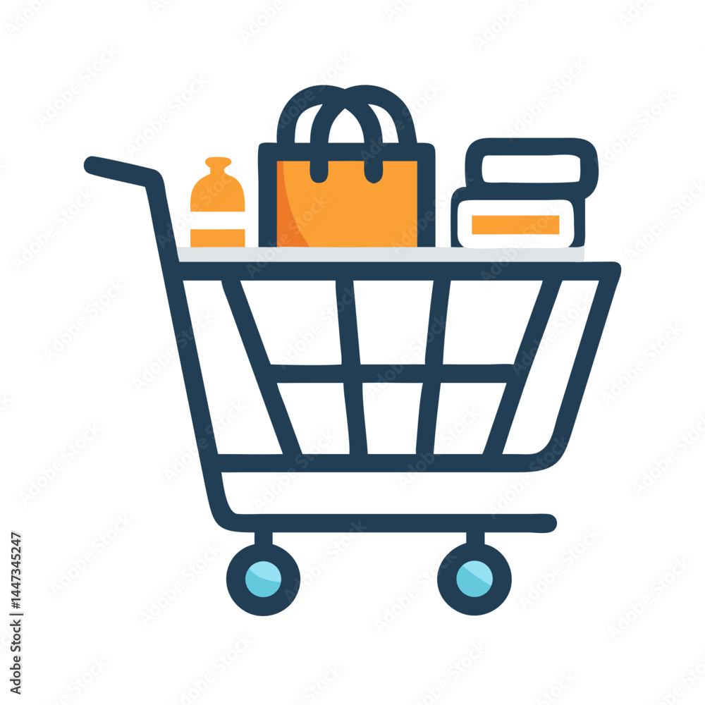 Aufkleber shopping cart with essentials icon representing grocery shopping and basic needs