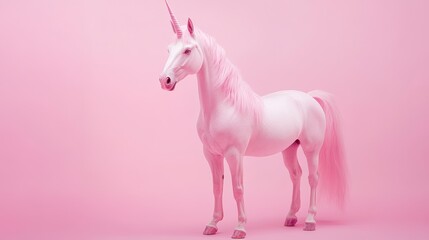 Fototapeta premium Pink unicorn standing on pink background.
