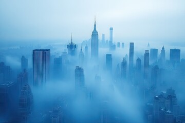 Obraz premium City skyline emerging from fog, bathed in blue hues. Tall buildings reach skyward