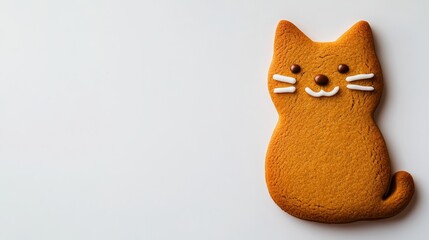 Cute Gingerbread Cookie Shaped Like A Sitting Cat With Icing Details on White Background