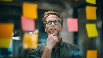 A thoughtful businessman at a contemporary workplace, surrounded by colorful sticky notes, reflects on ideas and strategies, brainstorming - Powered by Adobe