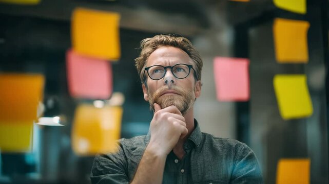 A thoughtful businessman at a contemporary workplace, surrounded by colorful sticky notes, reflects on ideas and strategies, brainstorming