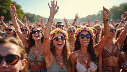 Enthusiastic young crowd [joyful mood] [celebrating at outdoor music festival with colored powder] [representing community and energy]