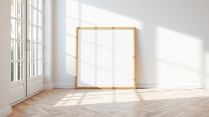 A modern minimalist interior scene with a blank square wooden frame leaning against a white wall. Soft natural sunlight enters through large window panes on the left