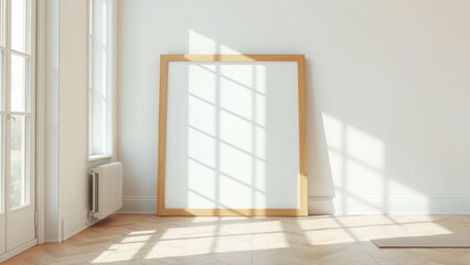 Fototapeta premium A modern minimalist interior scene with a blank square wooden frame leaning against a white wall. Soft natural sunlight enters through large window panes on the left