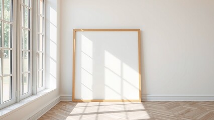 Fototapeta premium A modern minimalist interior scene with a blank square wooden frame leaning against a white wall. Soft natural sunlight enters through large window panes on the left