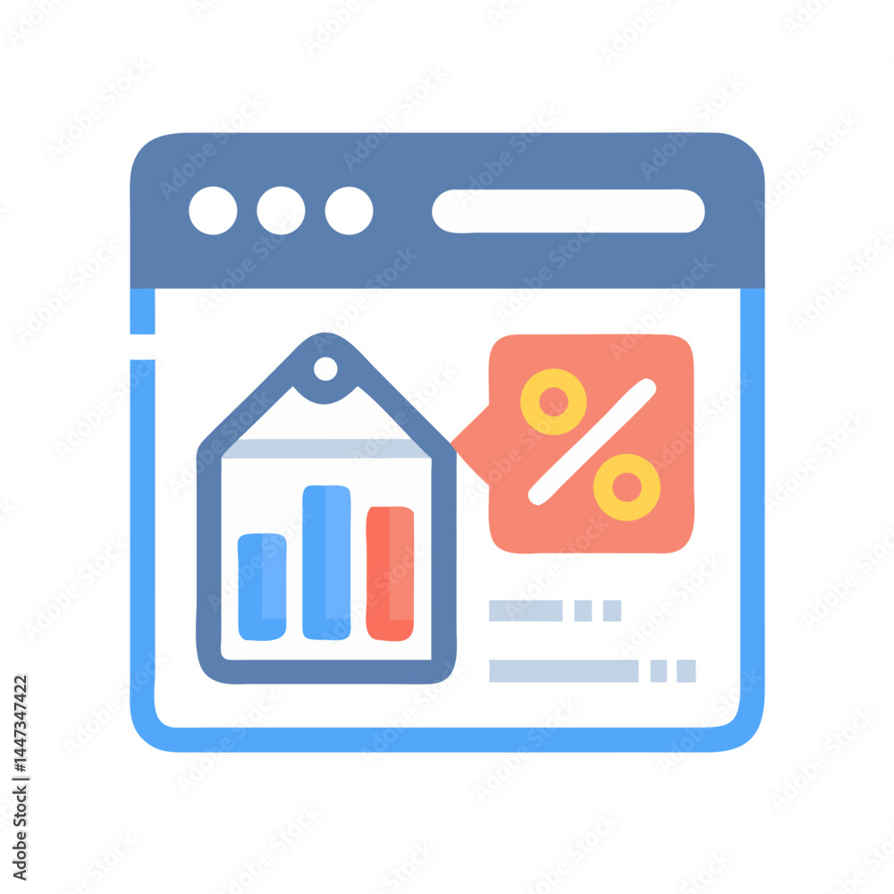 Poster website with discount tag and analytics icon representing e-commerce and sales tracking