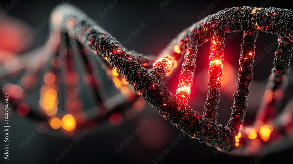 Poster intricate close-up view of a glowing dna double helix structure