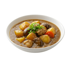 A bowl of savory curry with chicken, potatoes, and vegetables