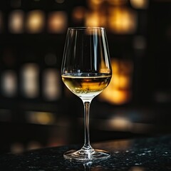 Elegant wine glass filled with golden liquid