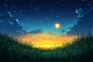 Naklejka premium Sunset, moonlit night, grassy field, stars. Background ideal for fantasy or romance