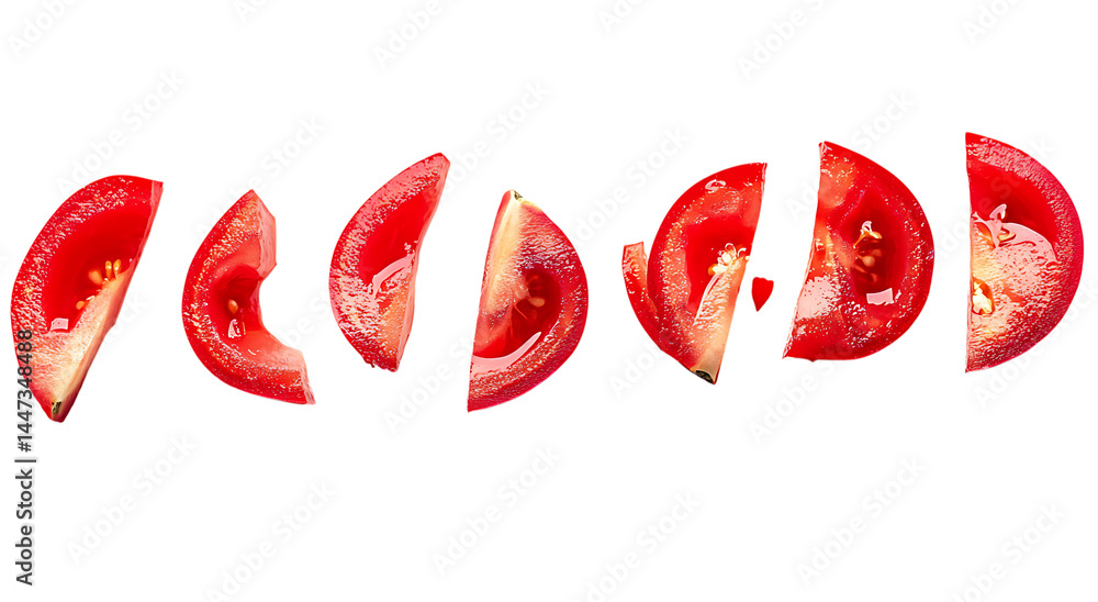 Poster slices of ripe red tomato arranged in a row on transparent background