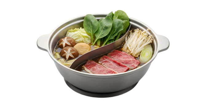 A hot pot with beef, mushrooms, and vegetables.  Sections for different ingredients
