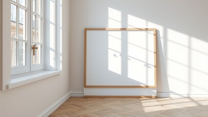 A modern minimalist interior scene with a blank square wooden frame leaning against a white wall. Soft natural sunlight enters through large window panes on the left