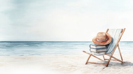 Obraz premium A deck chair with a stack of books and a straw hat sits on a peaceful sandy beach by the calm ocean under a clear sky.