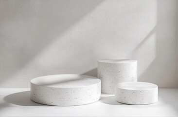 Three white round podiums in a sunlit room