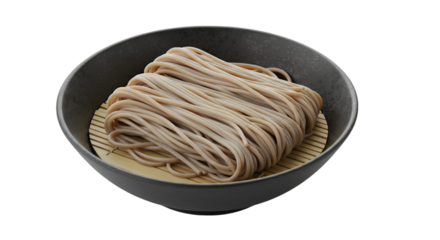 A serving of uncooked noodles in a dark bowl, resting on a bamboo mat