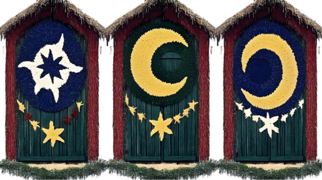 Three Decorative Wooden Doors With Moon And Star Illustrations Background Image