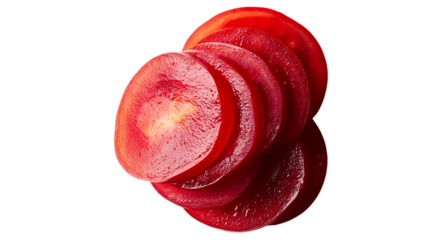 Sliced red beet arranged on a reflective transparent background