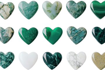 Heart-shaped gemstones in various shades of green and white marble