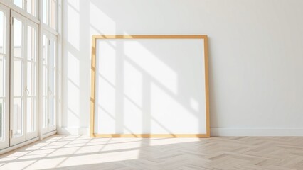 Fototapeta premium A modern minimalist interior scene with a blank square wooden frame leaning against a white wall. Soft natural sunlight enters through large window panes on the left