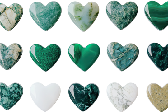 Heart-shaped gemstones in various shades of green and white marble
