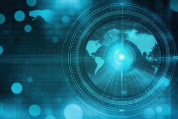 Global digital network graphic, showing a world map within a circular interface.  Abstract design with glowing elements and data streams