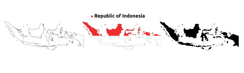 Indonesia Map Vector - Country Outline, Flag Inside Map, Blank and Silhouette Version