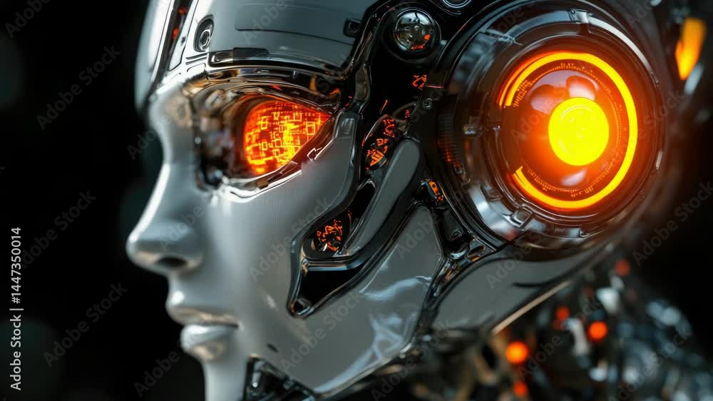 Poster a close-up view of a robot's head with glowing blue eyes, ideal for sci-fi and futuristic concepts