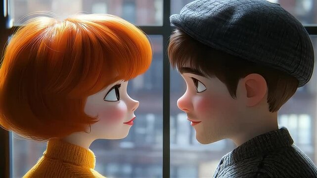 Two young people standing face to face expressing love. Cartoon animated character.