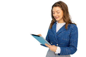 Young businesswoman smiling and using digital tablet, isolated on transparent background